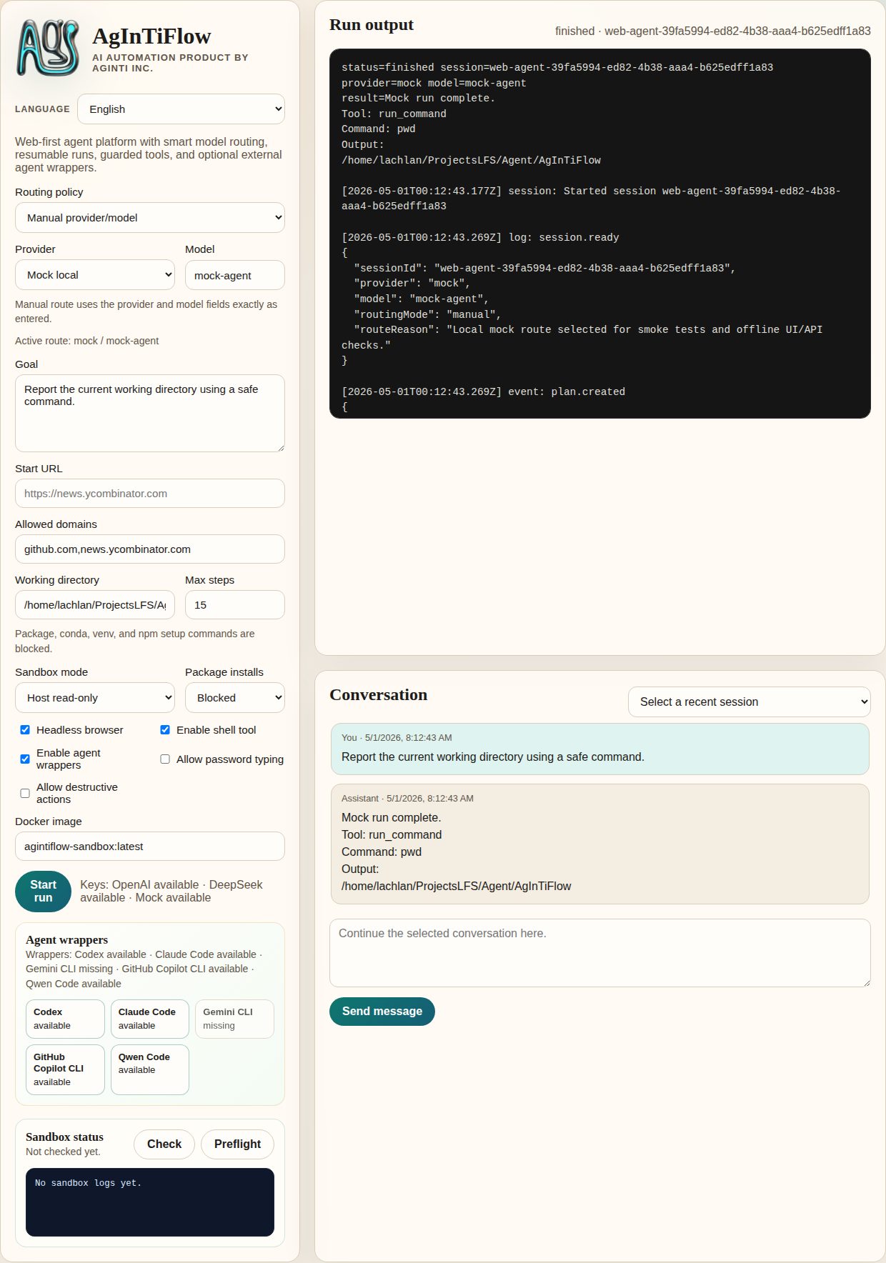 AgInTiFlow web app showing task controls, run output, and conversation history.