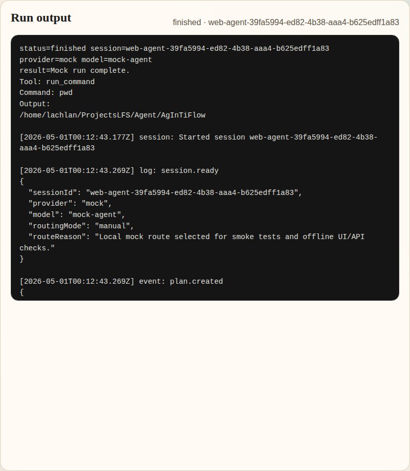 AgInTiFlow run output with structured session logs.