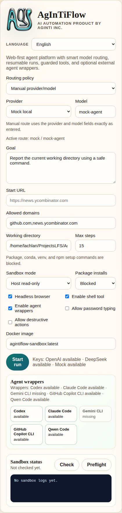 Task and model route controls in the AgInTiFlow web app.