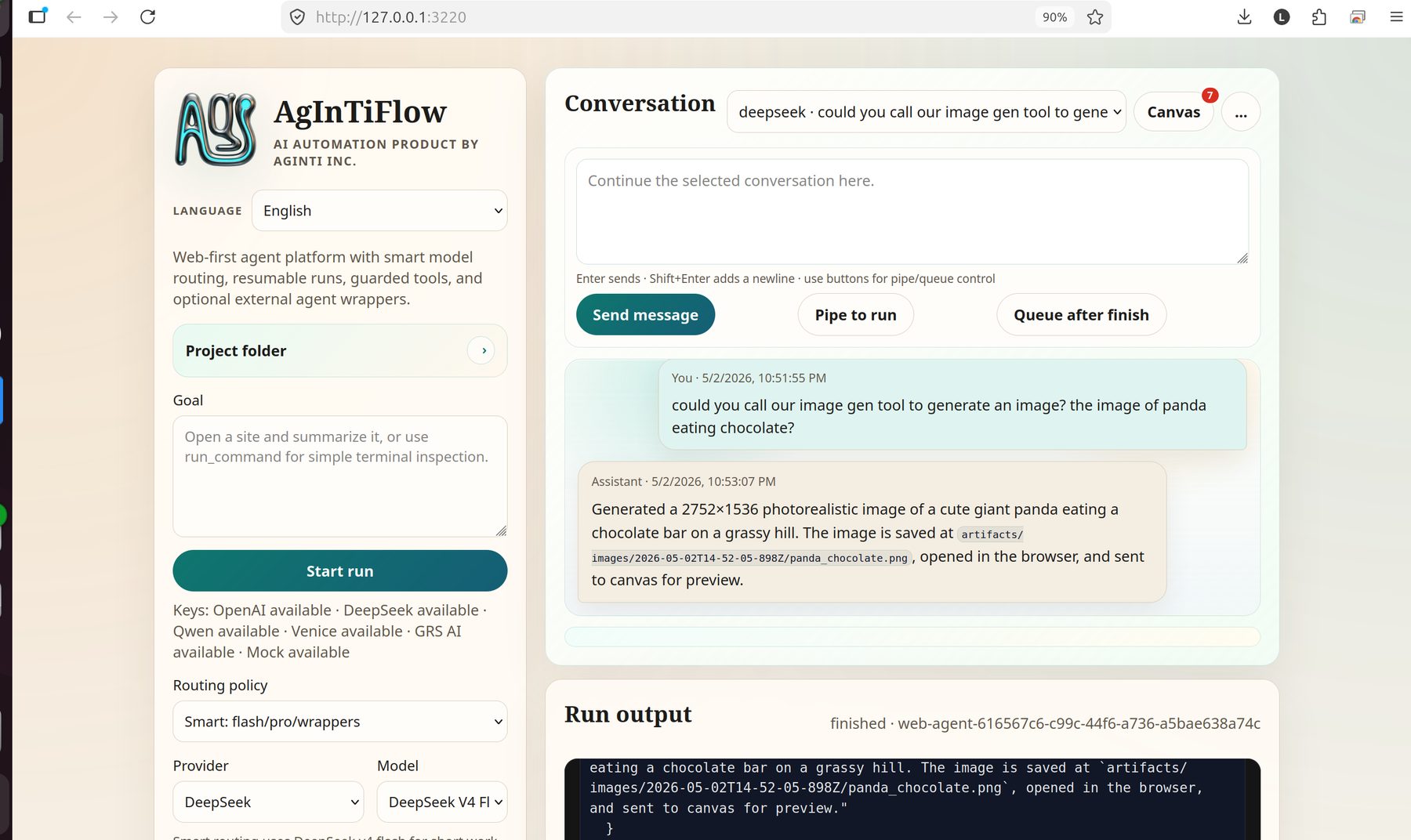 AgInTiFlow web console showing conversation history and structured run output.